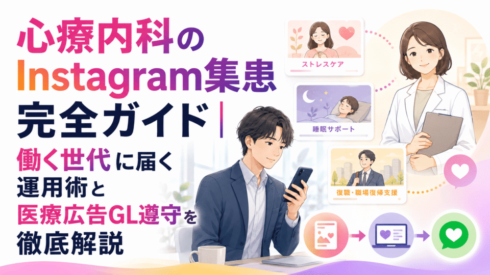 心療内科のInstagram集患完全ガイドを表す、働く世代と医師、ストレスケア・睡眠・復職支援の導線を描いたイラスト