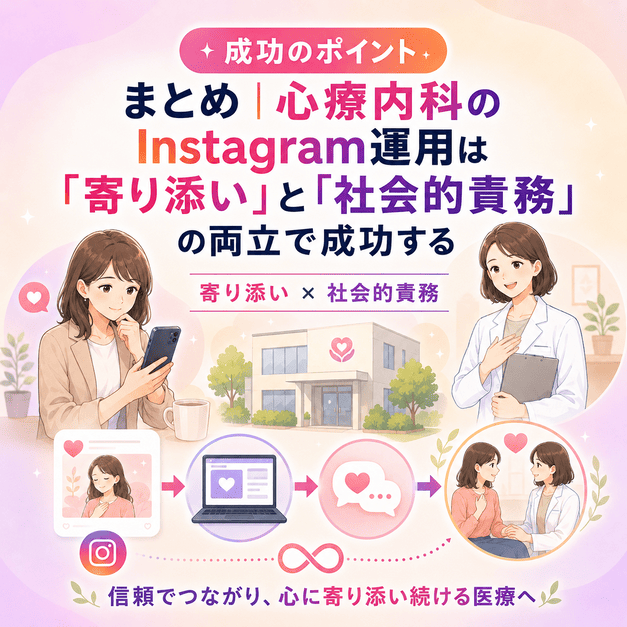 心療内科Instagram運用で寄り添いと社会的責務を両立し、Web・LINE・継続支援へつなげる流れを描いたまとめイラスト