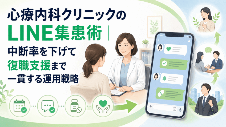 心療内科クリニックのLINE集患術として、通院中断防止や復職支援、継続的な患者フォローを表現したアイキャッチ画像