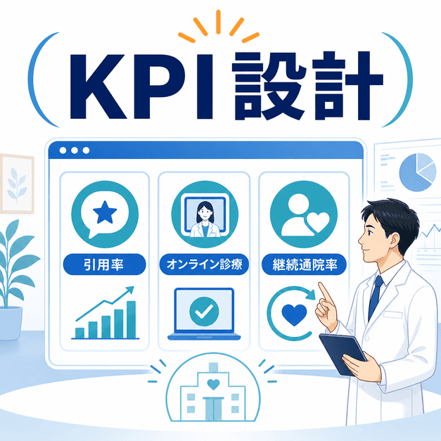 心療内科LLMOの成果測定として、引用率・オンライン診療・継続通院率を管理するKPI設計を示した図解