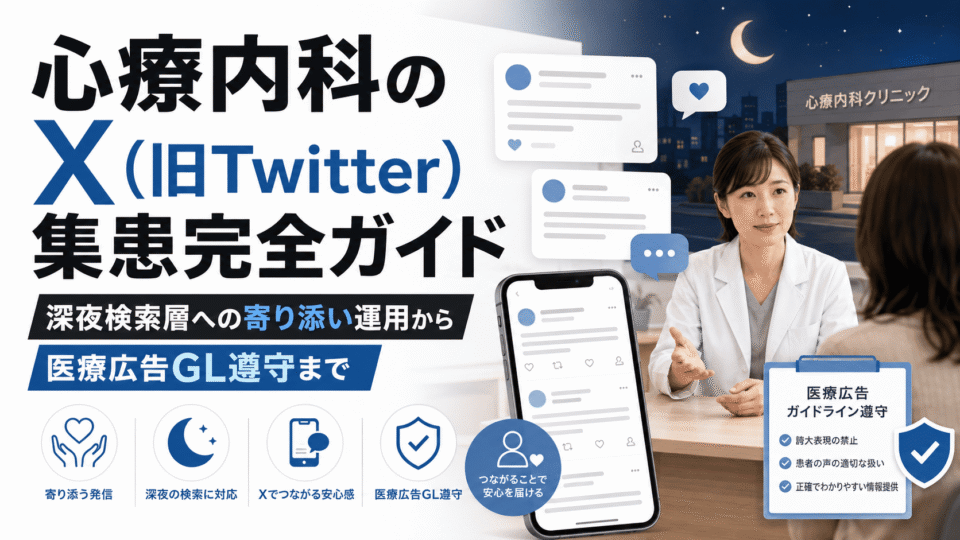 心療内科クリニックのX集患で深夜検索層への寄り添い運用と医療広告ガイドライン遵守を表したアイキャッチ画像