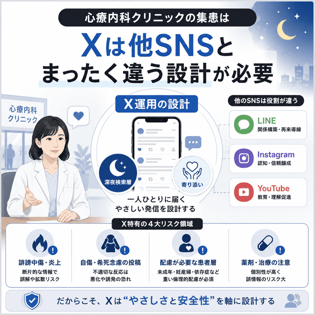 心療内科クリニックのX運用が他SNSとは異なる設計を必要とすることを示す図解イラスト