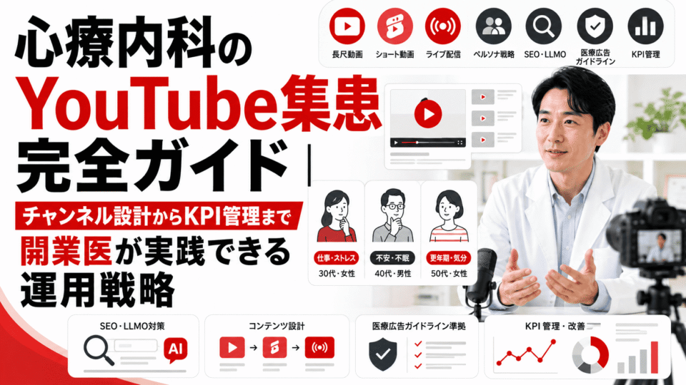 心療内科クリニックのYouTube集患戦略を、動画制作・ペルソナ設計・SEO対策・KPI管理の要素で表したアイキャッチ画像