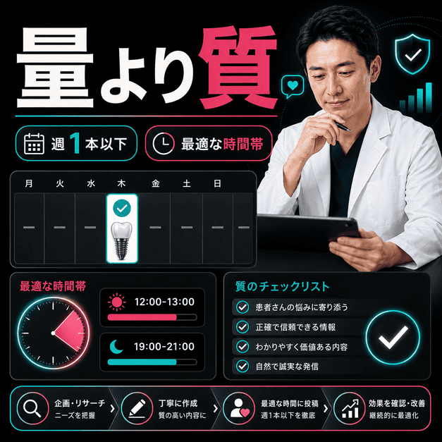 インプラント専門TikTokで量より質を重視し、週1本以下の投稿頻度や最適な投稿時間を管理する様子を示したイラスト