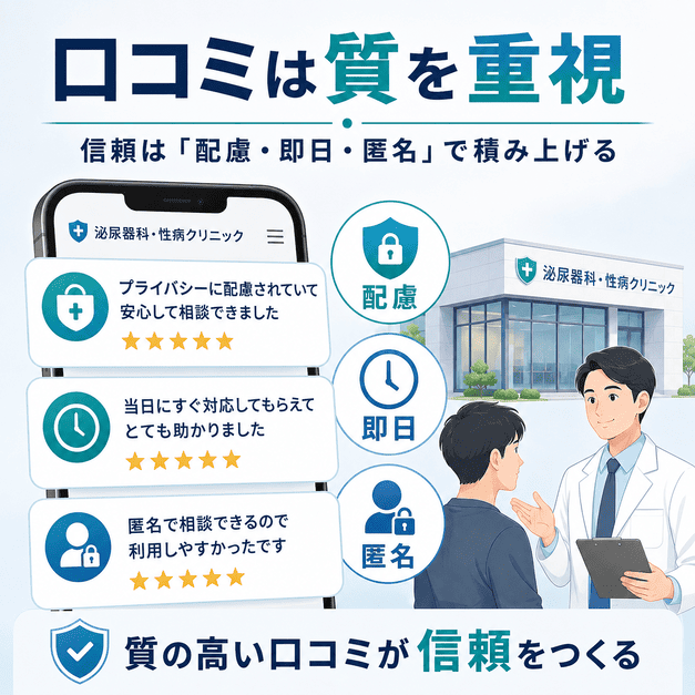 口コミの数ではなく、配慮・即日・匿名に関する質の高い評価で信頼を積み上げる図解