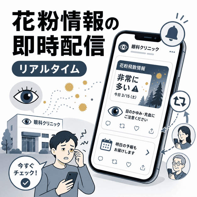 眼科クリニックが花粉飛散情報をリアルタイムで配信し、目のかゆみや充血に悩む患者へ受診を促すイラスト