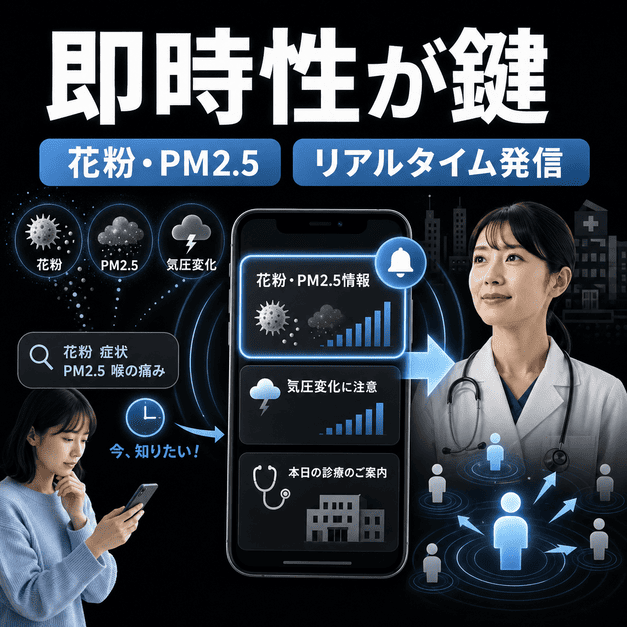 花粉やPM2.5の情報をスマートフォンで確認する患者に、呼吸器内科クリニックがリアルタイムで情報発信する様子