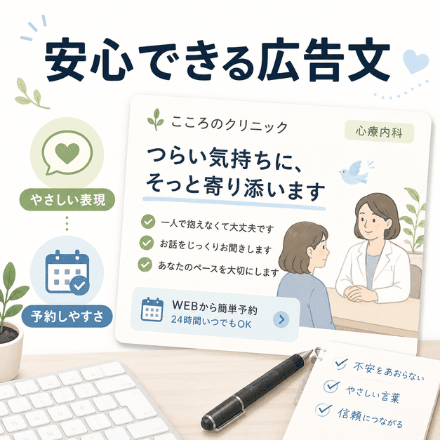 心療内科広告で不安を煽らず、やさしい表現と予約しやすさを伝える広告文作成のイラスト