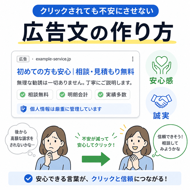 クリックした人を不安にさせない精神科広告文の作り方を示したイラスト