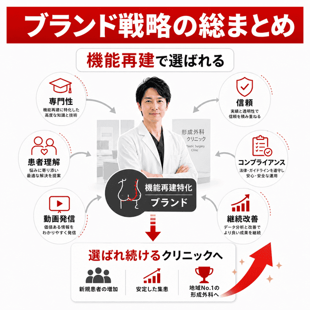 形成外科YouTube集患を機能再建特化ブランドの経営戦略としてまとめた図