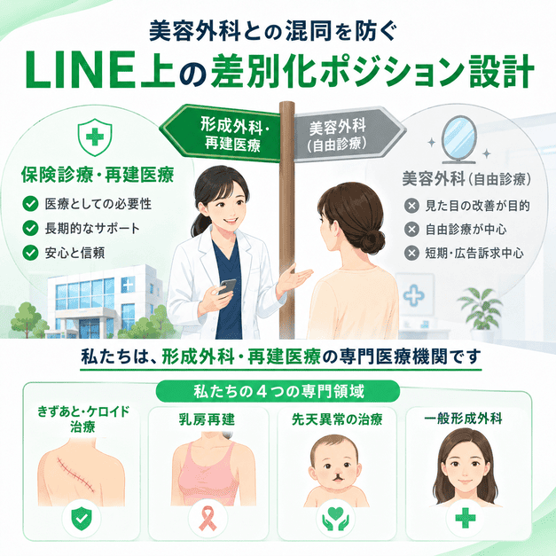 形成外科と美容外科の違いを整理し、LINE上で再建医療としての専門性を伝える差別化設計のイラスト