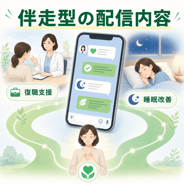 復職支援、睡眠改善、自律神経ケアの配信で患者の回復に伴走するLINE運用を表現したイラスト