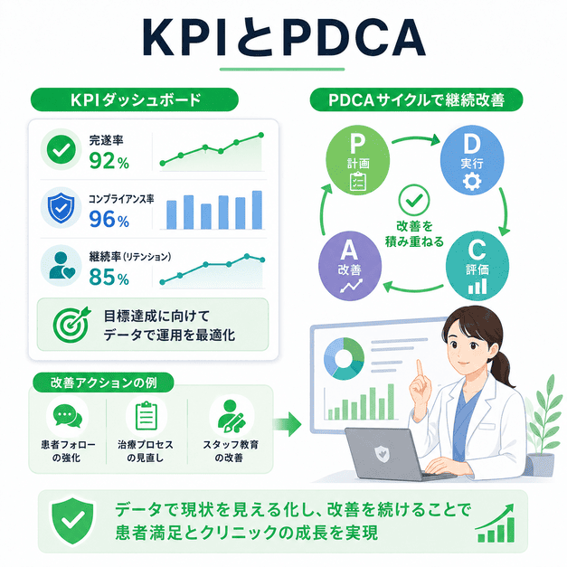 再生医療クリニックのLINE運用でKPIを可視化しPDCAサイクルで改善を続ける様子を示したイラスト