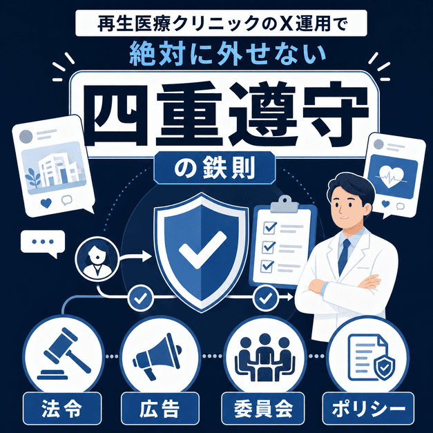 再生医療クリニックのX運用で法令・広告・委員会・ポリシーの四重遵守を確認するイラスト