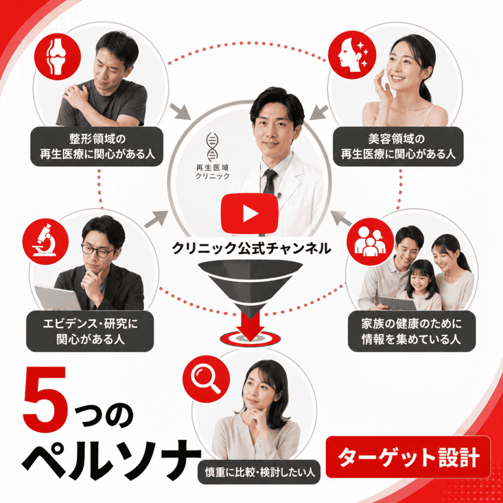 再生医療クリニックのYouTube運用で、5つのペルソナを設計してターゲットを絞り込むイメージ