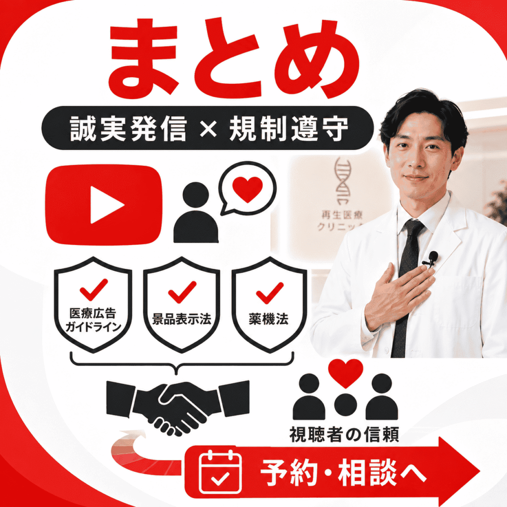 再生医療クリニックのYouTube集患で、誠実発信と三重規制遵守を両立して信頼と予約につなげるまとめイメージ