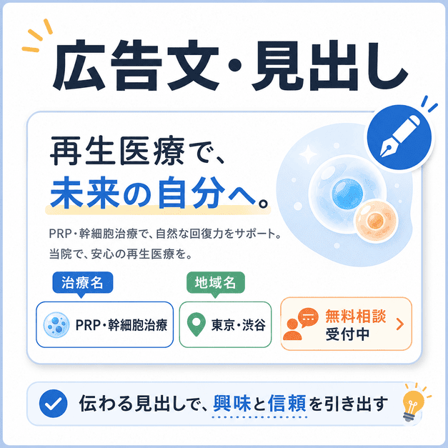 PRP・幹細胞治療の広告文で治療名・地域名・無料相談を分かりやすく伝える見出し作成のイラスト