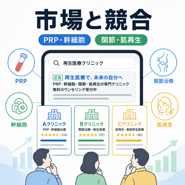 再生医療クリニックのGoogleリスティング広告市場でPRP・幹細胞・関節治療・肌再生の競合状況を比較しているイラスト