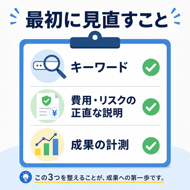 再生医療クリニックのGoogle広告で最初に見直すキーワード・費用リスク説明・成果計測のチェックリスト画像