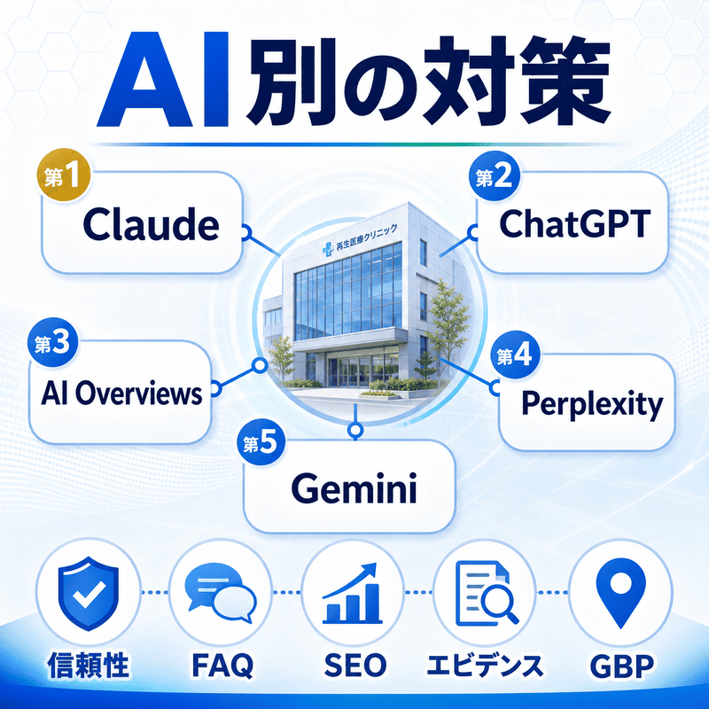 Claude、ChatGPT、AI Overviews、Perplexity、Geminiなど、主要AIプラットフォームごとの対策方針を整理した図
