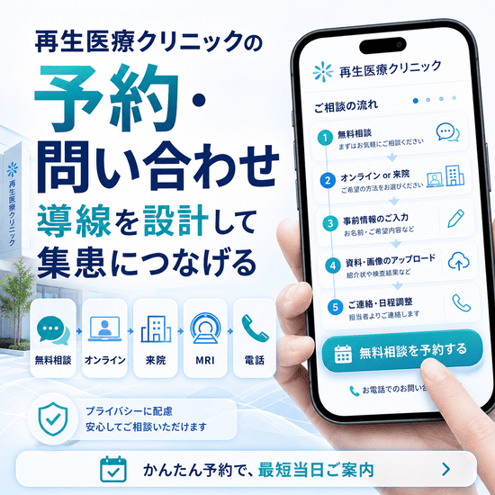 再生医療クリニックの予約・問い合わせ導線を示した図。無料相談からオンライン・来院、事前入力、資料アップロード、日程調整までの流れをスマートフォン画面で表現している。