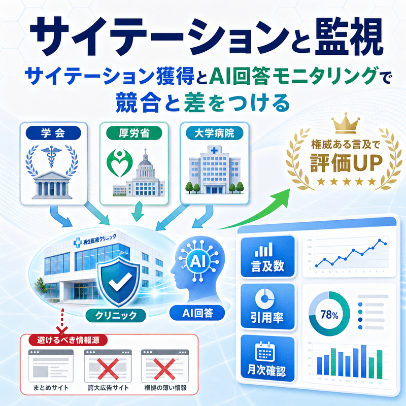 学会・厚労省・大学病院からのサイテーション獲得と、AI回答モニタリングによる評価向上や競合対策を示した図