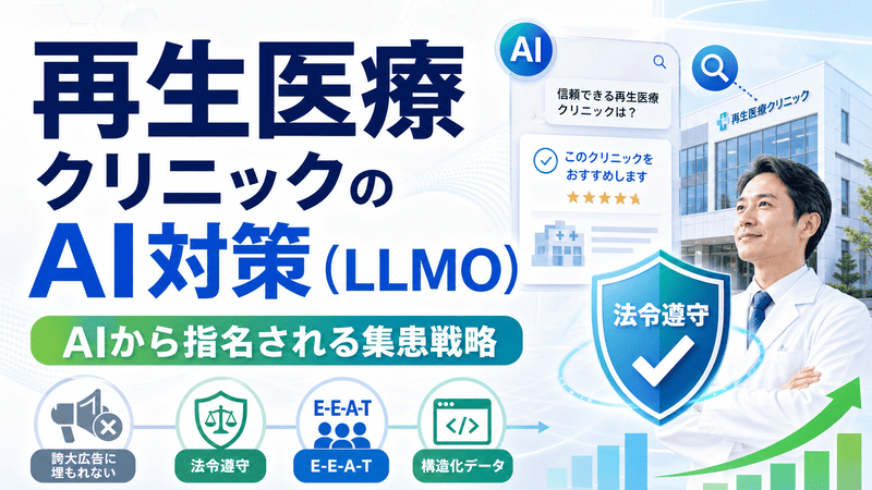 再生医療クリニックのAI対策（LLMO）をテーマに、法令遵守・E-E-A-T・構造化データを軸にAIから選ばれる集患戦略を表現したアイキャッチ画像