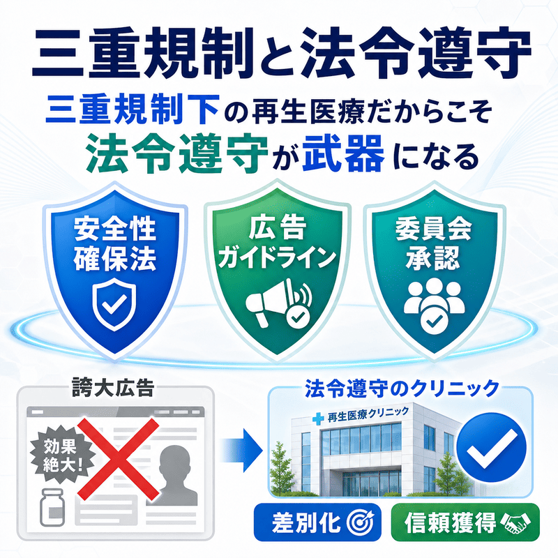 再生医療における安全性確保法、広告ガイドライン、委員会承認の三重規制と、法令遵守が差別化につながることを示した図