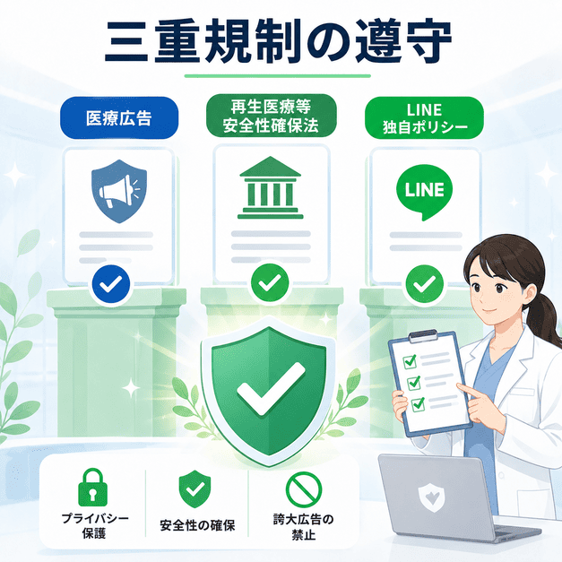 医療広告ガイドライン・再生医療等安全性確保法・LINE独自ポリシーの三重規制を守る体制を示したイラスト