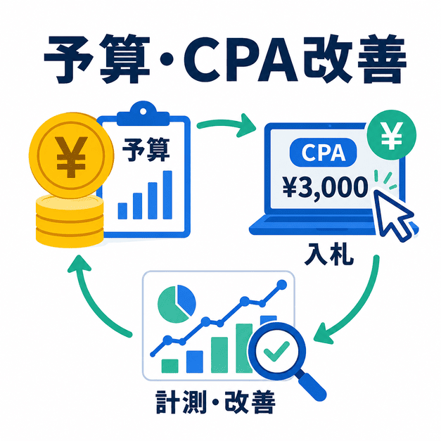 再生医療クリニックの広告予算・入札・CPAを計測し改善サイクルを回す仕組みを示したイラスト