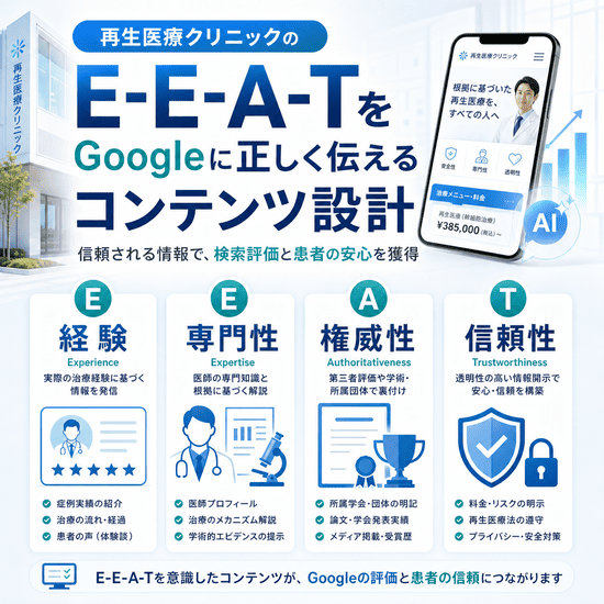 再生医療クリニックのE-E-A-TをGoogleに正しく伝えるためのコンテンツ設計を示した図。経験、専門性、権威性、信頼性の4要素を整理している。