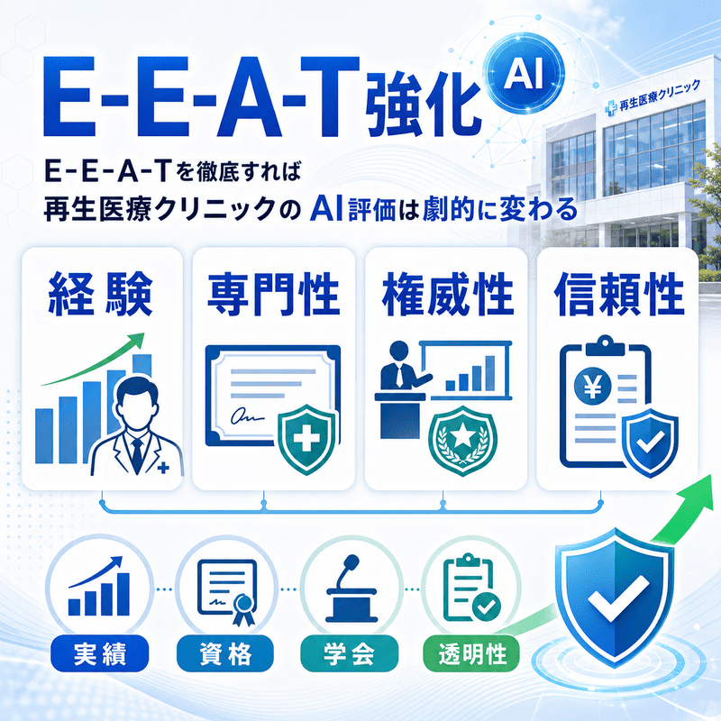 経験・専門性・権威性・信頼性の4要素を整理し、再生医療クリニックのE-E-A-T強化がAI評価向上につながることを示した図