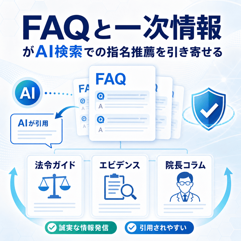 FAQや法令ガイド、エビデンス、院長コラムなどの一次情報が、AI検索での引用や指名推薦につながることを表した図
