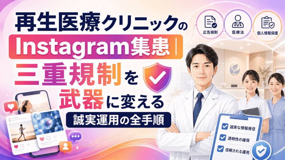 再生医療クリニックのInstagram集患で三重規制を誠実な運用に活かす方法を示した医療マーケティング画像