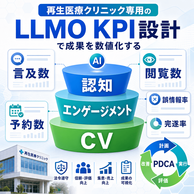 認知・エンゲージメント・CVの3階層で、再生医療クリニック向けLLMOのKPIを設計し成果を可視化する図