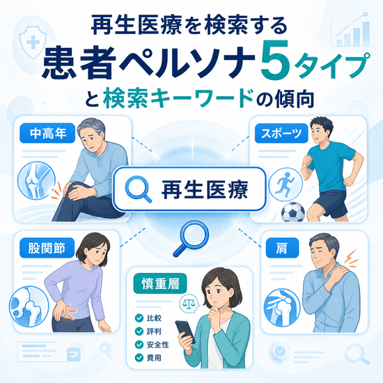 再生医療を検索する患者ペルソナ5タイプをまとめた図。中高年、スポーツ層、股関節の悩みを持つ人、肩の悩みを持つ人、慎重に比較検討する人が検索する様子を表現している。