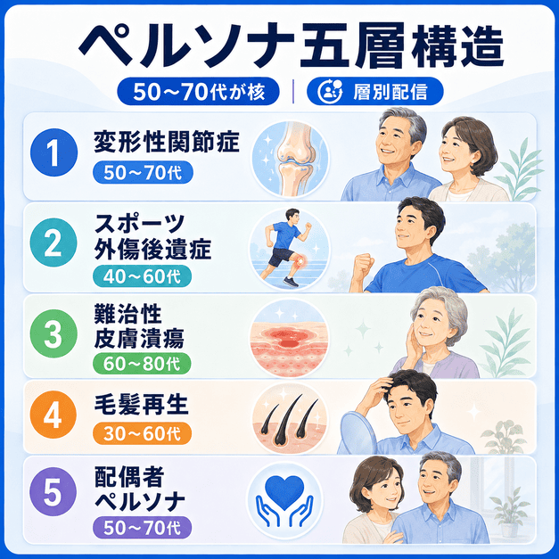 再生医療クリニックのFacebook集患で想定する五つのペルソナ層を、疾患別・年代別に整理したイラスト