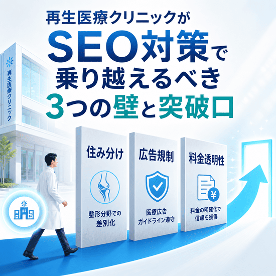 再生医療クリニックがSEO対策で乗り越えるべき3つの壁を示した図。整形外科との住み分け、医療広告ガイドライン対応、料金透明性の3要素を並べて表現している。