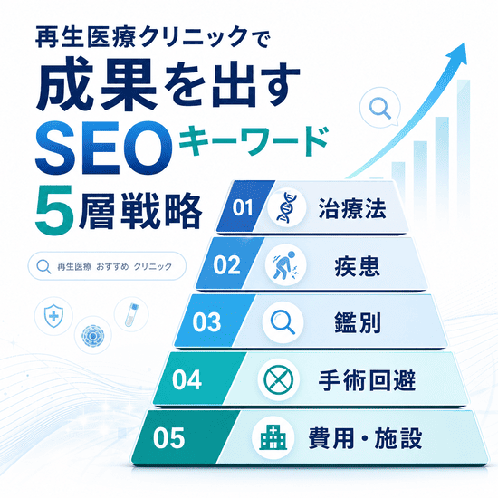 再生医療クリニックで成果を出すSEOキーワード5層戦略を示した図。治療法、疾患、鑑別、手術回避、費用・施設の5層をピラミッド状に整理している。