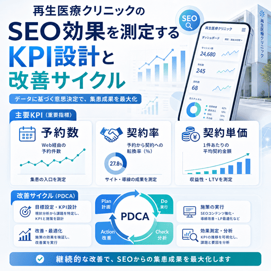 再生医療クリニックのSEO効果を測定するためのKPI設計と改善サイクルを示した図。予約数、契約率、契約単価と、PDCAによる改善プロセスをまとめている。