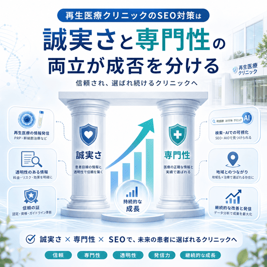 再生医療クリニックのSEO対策では、誠実さと専門性の両立が重要であることを示した図。誠実さと専門性の2本柱を中心に、信頼・透明性・継続的成長の要素をまとめている。
