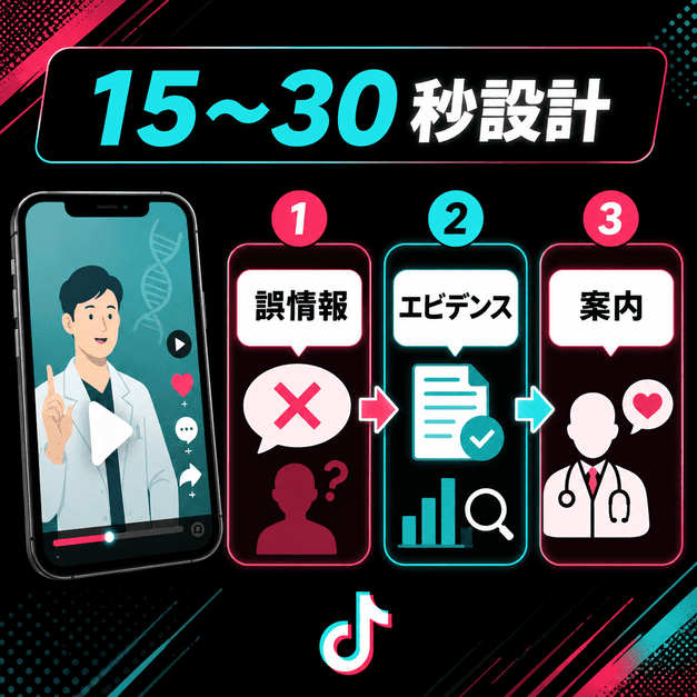 15〜30秒の短尺動画で誤情報を提示しエビデンスを示して受診案内につなげる構成イラスト