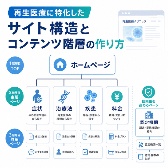 再生医療に特化したサイト構造とコンテンツ階層の作り方を示した図。ホームページを起点に、症状、治療法、疾患、料金、認定機関などのページ構成を整理している。