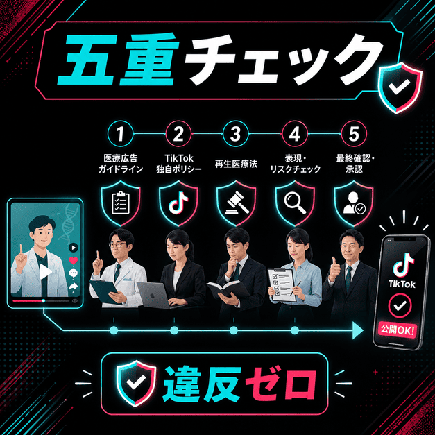 医療広告ガイドラインやTikTokポリシーなどを配信前に五重チェックする実務フローのイラスト