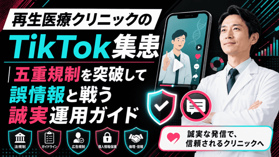 再生医療クリニックのTikTok集患で五重規制と誤情報対策を示す医師とスマートフォンのイメージ