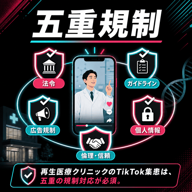 再生医療クリニックのTikTok運用で必要な五重規制を盾とチェックマークで示したイラスト