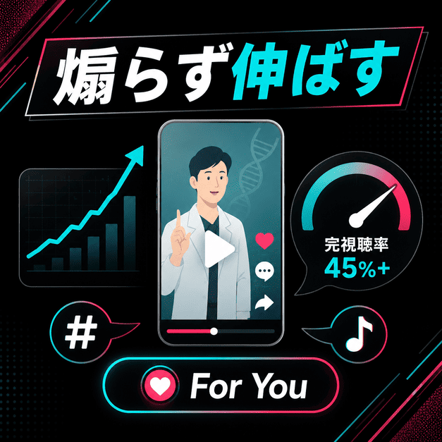 再生医療TikTokで煽らずに完視聴率や分析指標を高める運用を示したイラスト