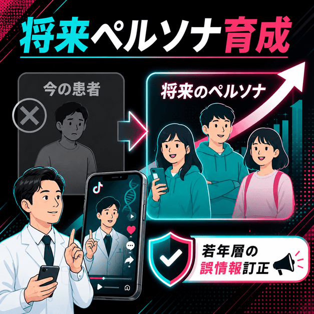 再生医療TikTokで今の患者ではなく若年層や将来ペルソナを育成する流れを示したイラスト