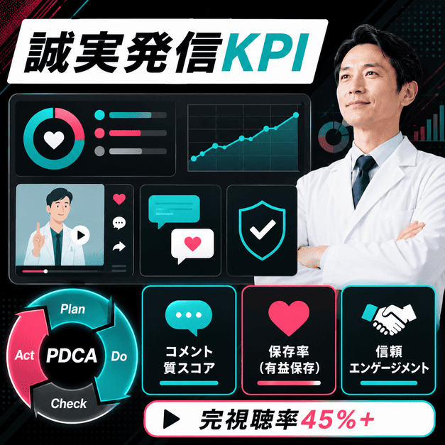 再生医療TikTokの誠実発信KPIやPDCAサイクルをダッシュボードで確認するイラスト
