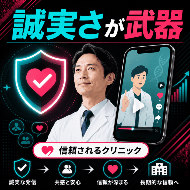 再生医療クリニックのTikTok運用で誠実な発信が信頼形成につながることを示したイラスト